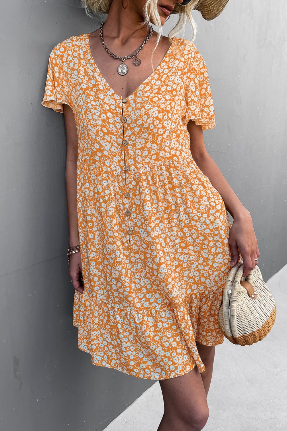 Floral Buttoned V-Neck Flutter Sleeve Dress