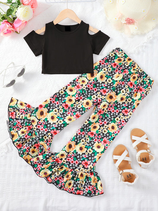 Cold-Shoulder Top and Floral Flare Pants Set